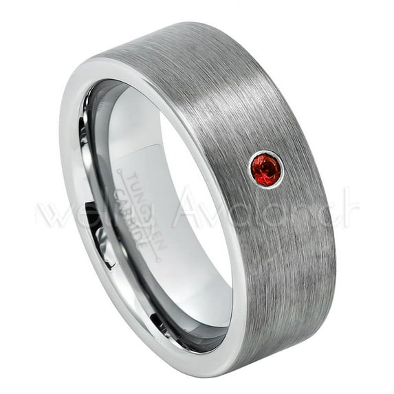 8mm Pipe Cut Tungsten Wedding Band - 0.07ct Solitaire Garnet Ring - Personalized Tungsten Wedding Ring - Custom Made January Birthstone Ring TN669BS