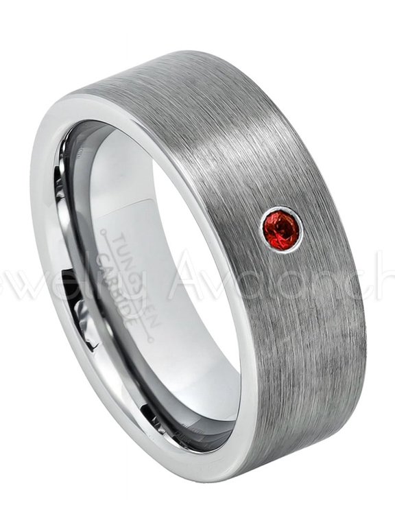 8mm Pipe Cut Tungsten Wedding Band - 0.07ct Solitaire Garnet Ring - Personalized Tungsten Wedding Ring - Custom Made January Birthstone Ring TN669BS