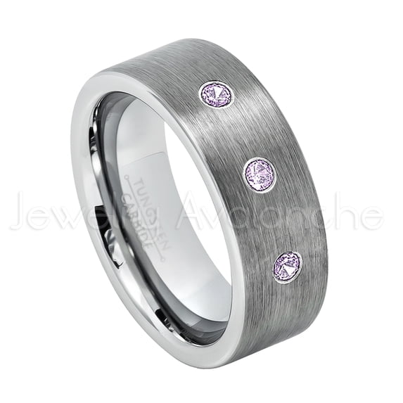 8mm Pipe Cut Tungsten Wedding Band - 0.21ctw Amethyst 3-stone Band - Personalized Tungsten Wedding Ring - Custom Made February Birthstone Ring TN669BS