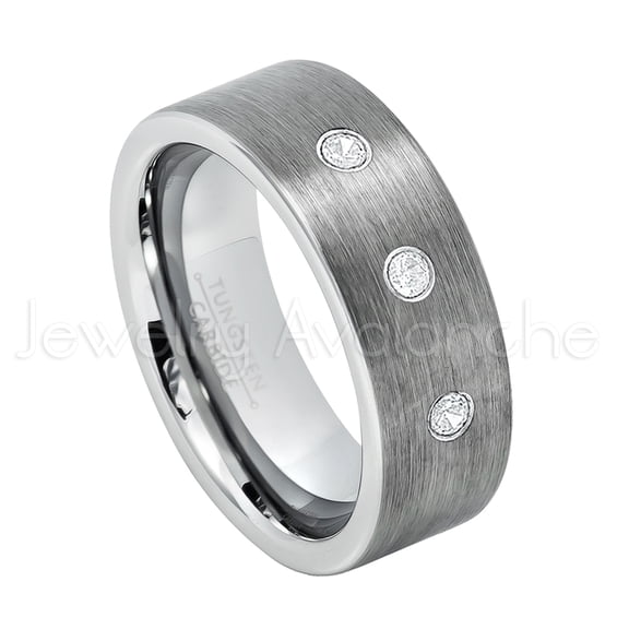 8mm Pipe Cut Tungsten Wedding Band - 0.21ctw Diamond 3-stone Band - Personalized Tungsten Wedding Ring - Custom Made April Birthstone Ring TN669BS