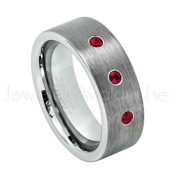 8mm Pipe Cut Tungsten Wedding Band - 0.21ctw Ruby 3-stone Band - Personalized Tungsten Wedding Ring - Custom Made July Birthstone Ring TN669BS