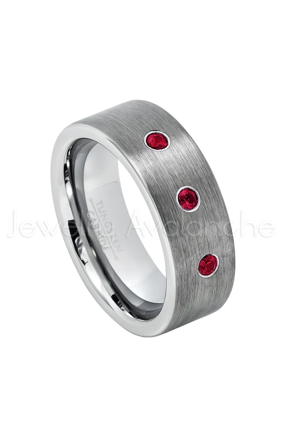 8mm Pipe Cut Tungsten Wedding Band - 0.21ctw Ruby 3-stone Band - Personalized Tungsten Wedding Ring - Custom Made July Birthstone Ring TN669BS