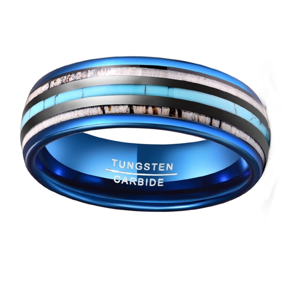 8mm Plated Blue Lasa Tungsten Carbide Rings with Antlers + Turquoise
