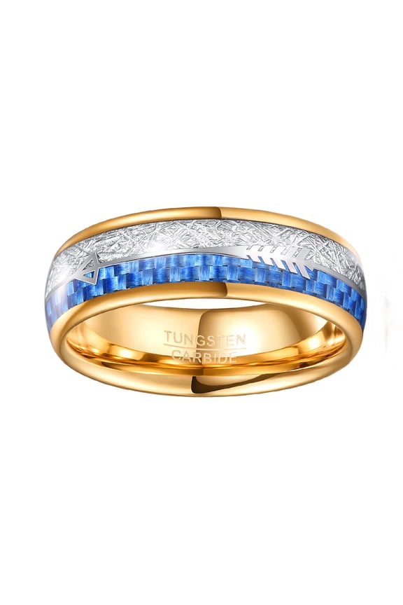 8mm Plating Gold Polished Finish With Blue Carbon Fiber + Imitation Meteorite + Silver Arrow