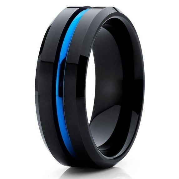 8mm Polished Black Tungsten Carbide Wedding Ring Beveled Edge Blue Groove Comfort Fit Unisex Band 10