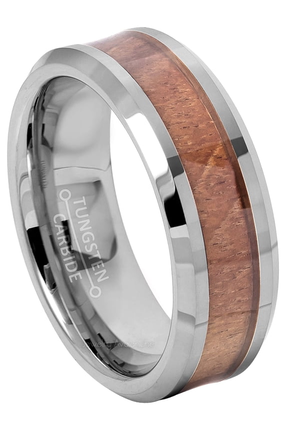 8mm Polished Comfort Fit Tungsten Carbide Ring with Hawaiian Koa Wood Inlay, Beveled Edge Wedding Ring, 2-tone Tungsten Ring - TN662s12