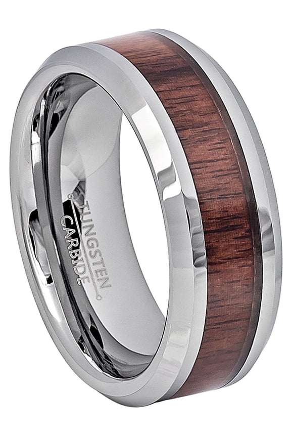 Mens Tungsten Carbide Wedding Band with Hawaiian Koa Wood Inlay 8MM Comfort Fit Anniversary Ring size 14