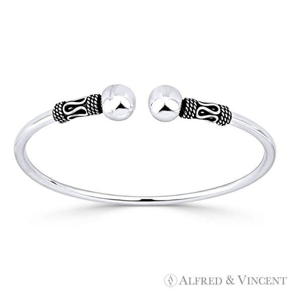8mm Polished Double Ball End Open Cuff Bangle in .925 Sterling Silver