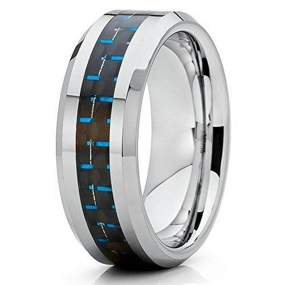 8mm Polished Silver Tungsten Carbide Wedding Band Blue Carbon Fiber Mens Comfort Fit Ring 10 (10)