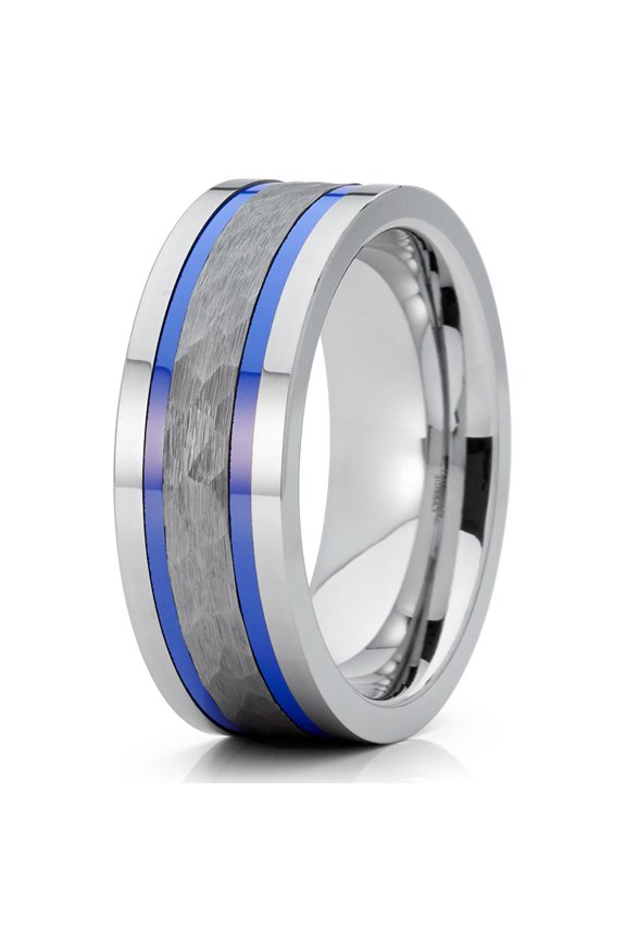8mm Polished Silver Tungsten Carbide Wedding Band Dual Blue Groove Hammered Center Pipe Cut 10