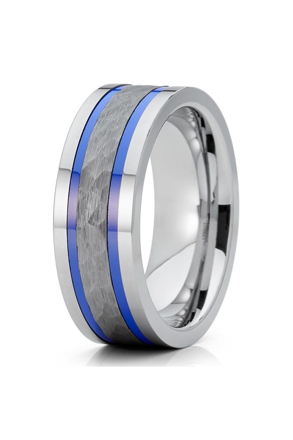 8mm Polished Silver Tungsten Carbide Wedding Band Dual Blue Groove Hammered Center Pipe Cut 10