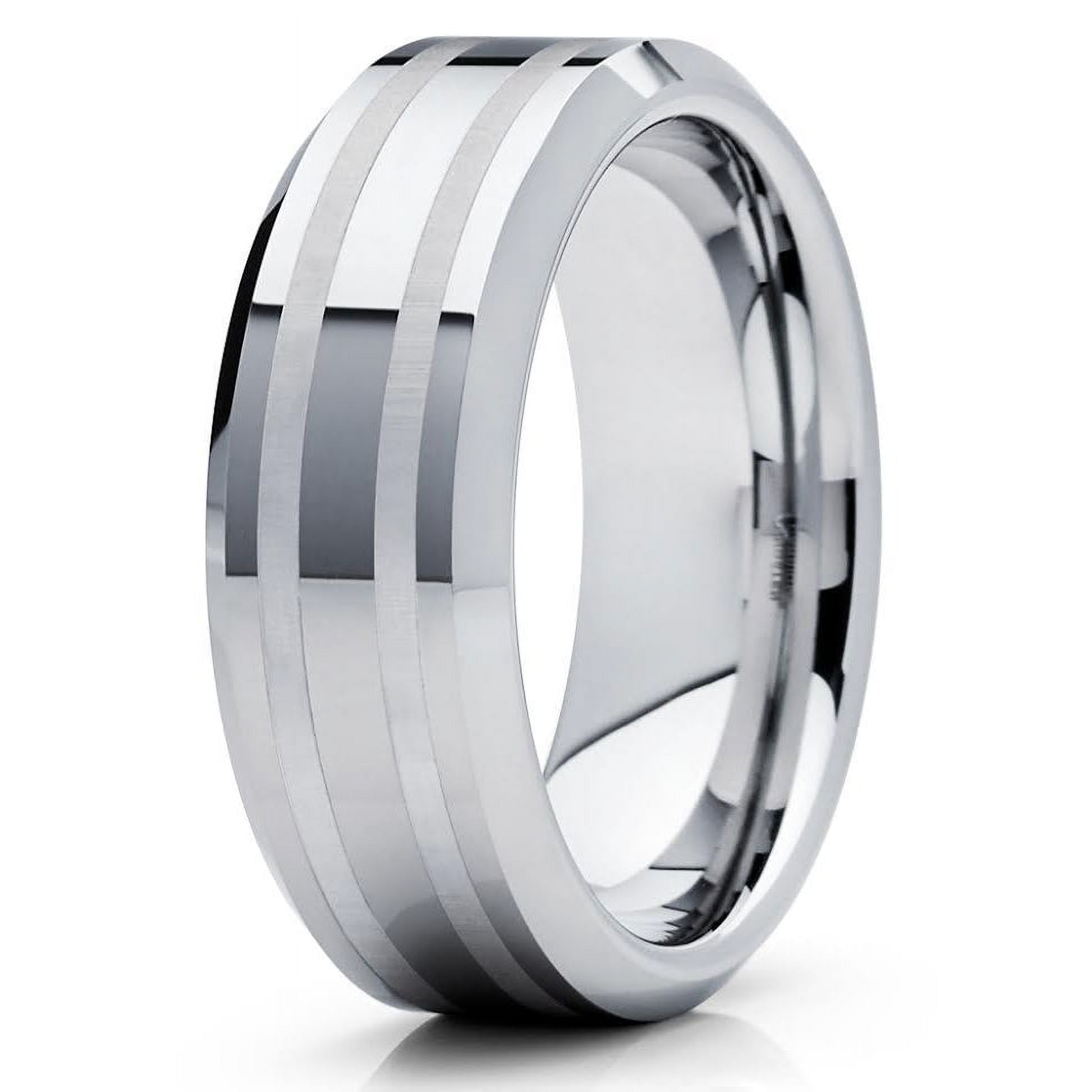 White Tungsten Carbide Wedding Band - 8mm Multi Faceted Mirror Polish Ring Size 10