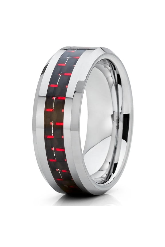8mm Polished Silver Tungsten Carbide Wedding Band Red Carbon Fiber Center Mens Comfort Fit Ring 10