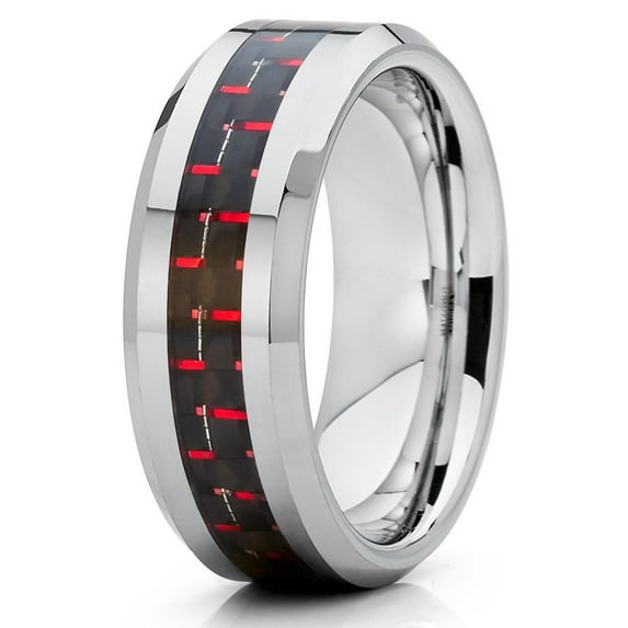 8mm Polished Silver Tungsten Carbide Wedding Band Red Carbon Fiber Center Mens Comfort Fit Ring 10