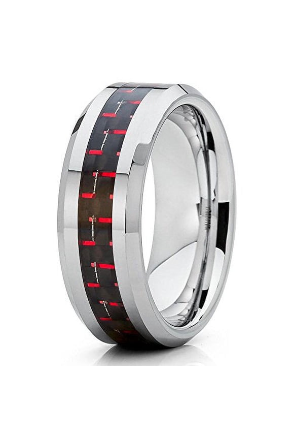 8mm Polished Silver Tungsten Carbide Wedding Band Red Carbon Fiber Center Mens Comfort Fit Ring 8