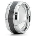 thumbnail image 1 of 8mm Polished Silver Tungsten Carbide Wedding Band Stepped Edges Black Carbon Fiber Center Ring 10, 1 of 3