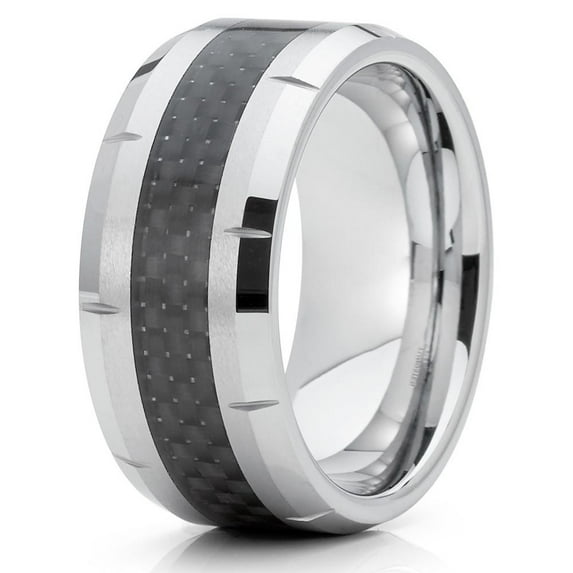 8mm Polished Silver Tungsten Carbide Wedding Band Stepped Edges Black Carbon Fiber Center Ring 10