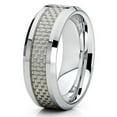 thumbnail image 1 of 8mm Polished Silver Tungsten Carbide Wedding Ring Beveled Edges Carbon Fiber Center Gray Band 13, 1 of 4
