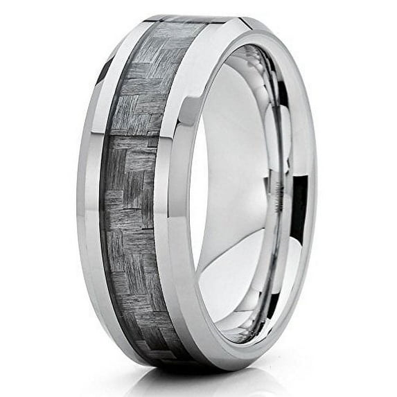 8mm Polished Silver Tungsten Carbide Wedding Ring Gray Carbon Fiber Center Comfort Fit Band 10 (10)