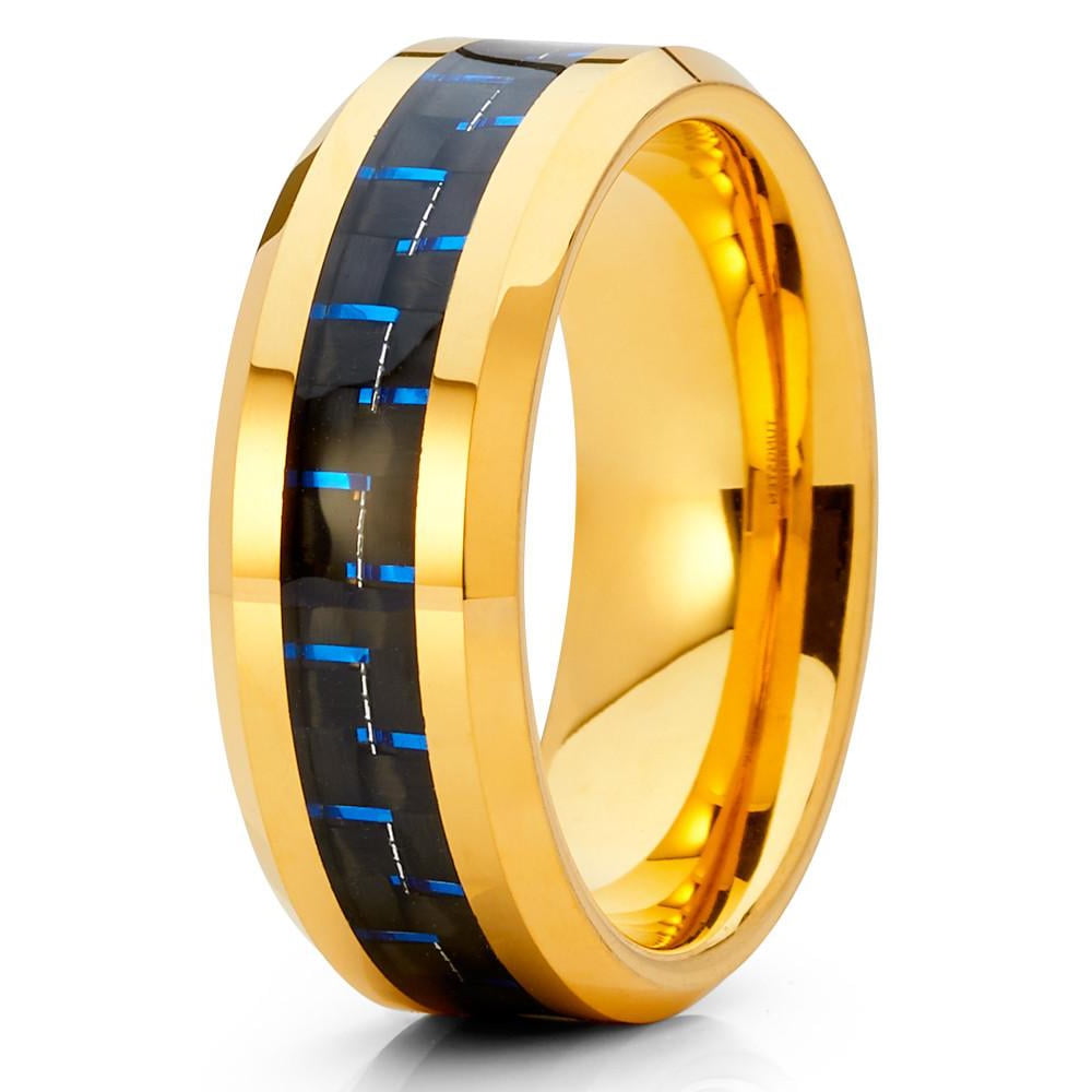8mm Polished Yellow Gold Tungsten Carbide Wedding Ring Blue Carbon