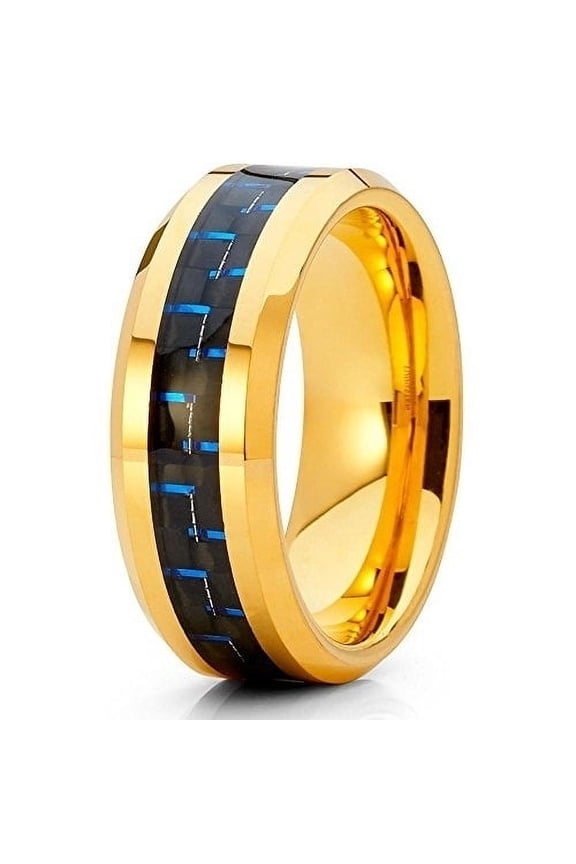 Jewelry 8mm Polished Yellow Gold Tungsten Carbide Wedding Ring Blue Carbon Fiber Center Beveled Edge Band 10