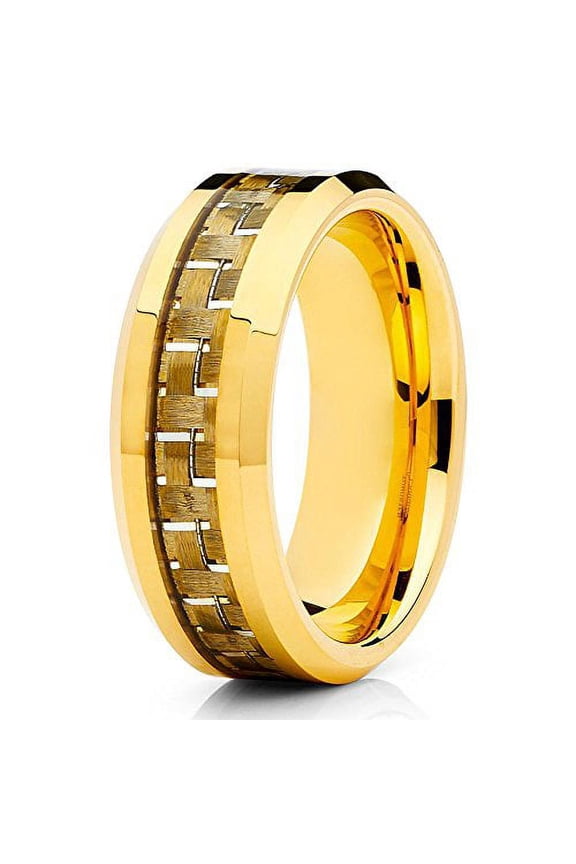 8mm Polished Yellow Tungsten Carbide Wedding Ring Carbon Fiber Inlay Stepped Edge Band 11