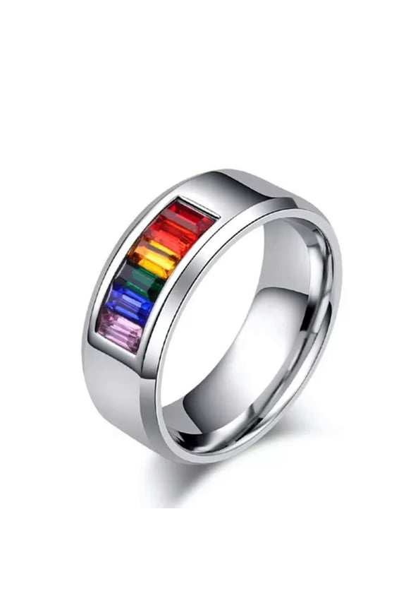 8mm Rainbow Crystal Titanium Steel Ring Men Women Black/Gold/Silver Band Sz 5-12