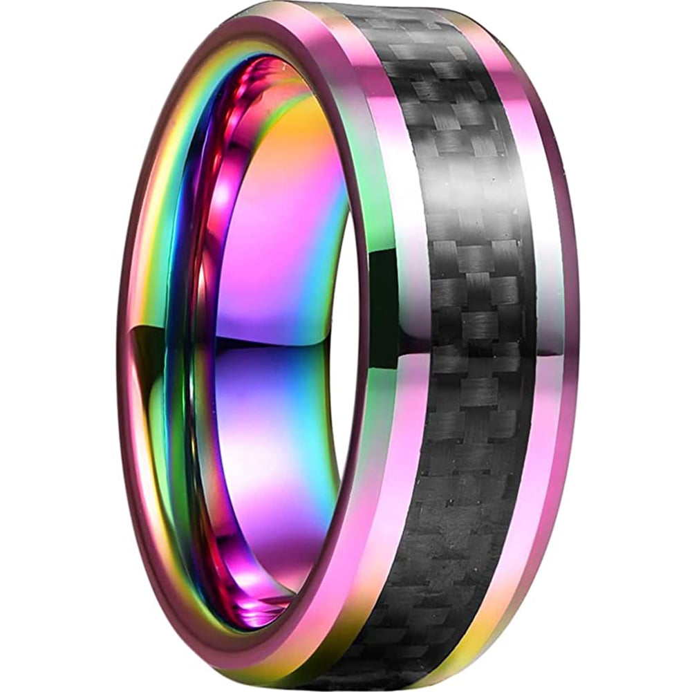 8mm Rainbow Ring for Men Black Carbon Fiber Tungsten Rings Wedding Band ...