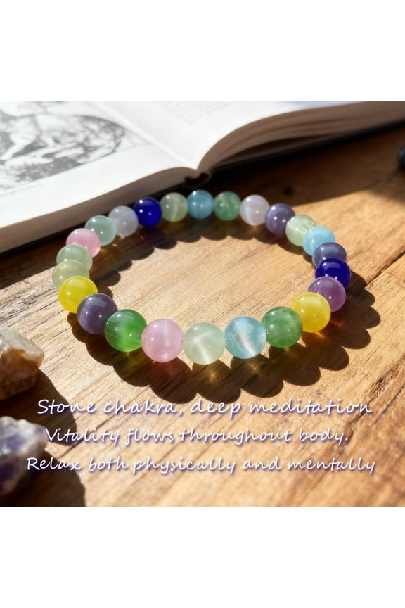 8mm Rainbow Selenite Bracelet, Iridescent Natural Stretch Bracelet with Cat-Eye Effect, Handmade Meditation & Energy Healing Unisex Jewelry Gift for Women & Men