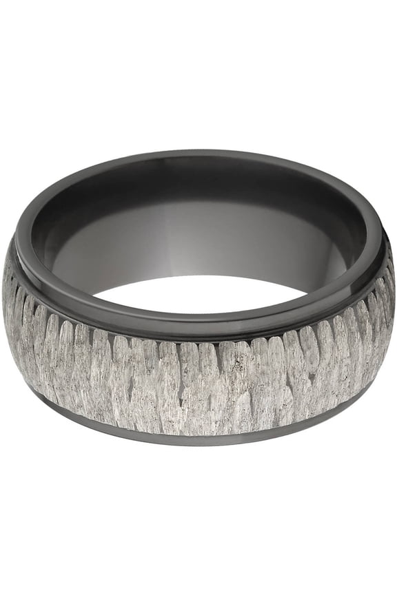 8mm Raised Center Black Zirconium Ring with a Silver Center Tree Bark Finish
