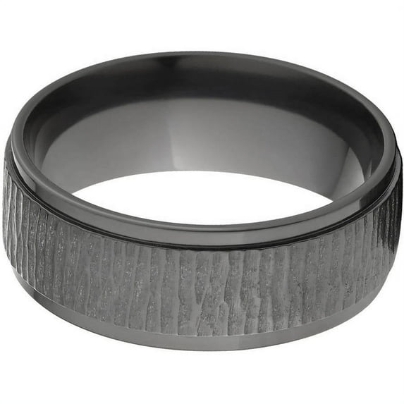 8mm Raised Center Black Zirconium Ring with a Tree Bark Finish