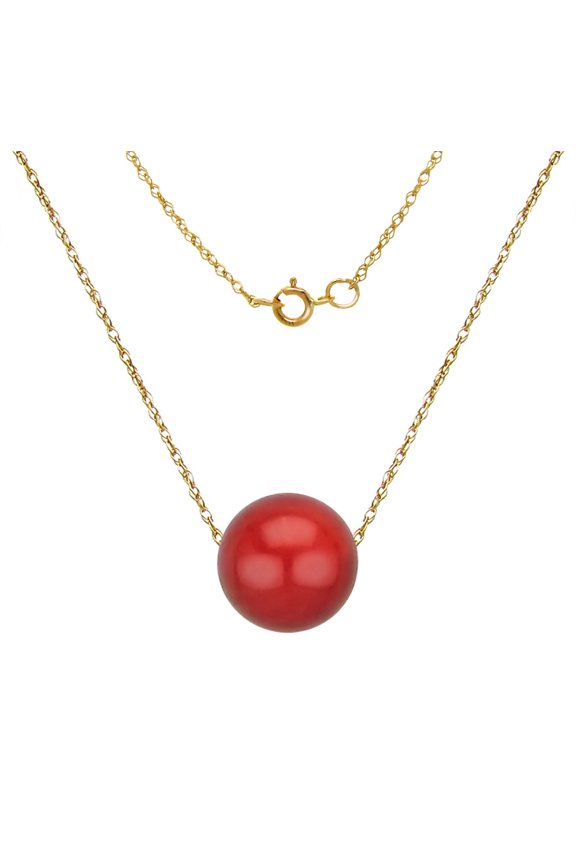 8mm Red Coral Charm Pendant Floating on an 18 Inches Long Rope Chain 14k Yellow Gold