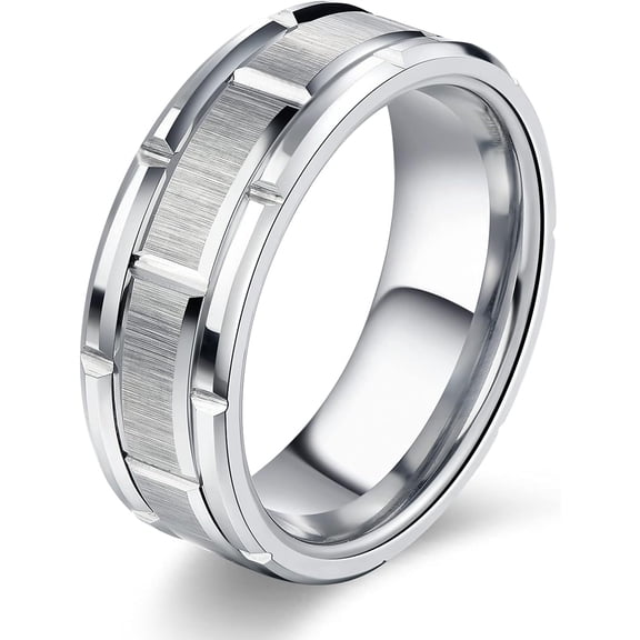 8mm Rings for Men Wedding Band Silver Brick Pattern Brushed Engagement Promise Comfort Fit Size 6-13