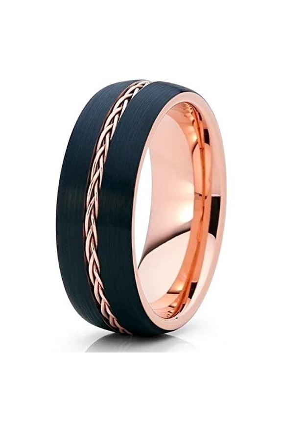 8mm - Rose Gold Tungsten - Black Wedding Band - Braid Ring - Tungsten Ring (7.5)