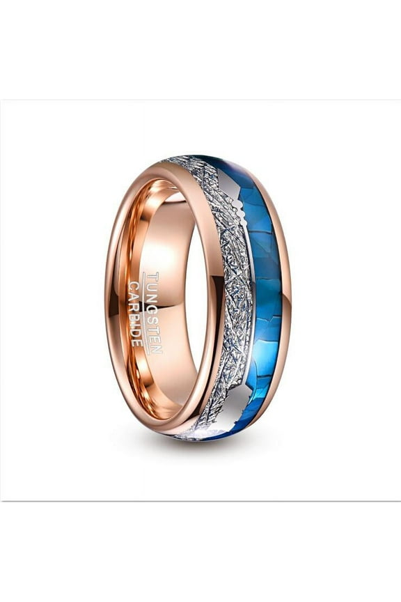 8mm Rose Gold Tungsten Ring Men's Wedding Bands with Blue Shell and Silver Imitated Meteorite Inlay Dome Style