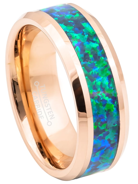 8mm Rose Gold Tungsten Wedding Band - Synthetic Emerald Green Opal Inlay Beveled Edge Comfort Fit Tungsten Carbide Ring - TN881WAs10.5