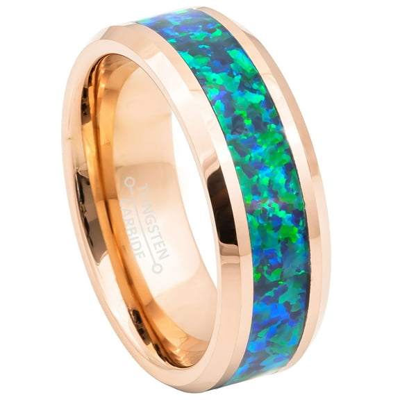 8mm Rose Gold Tungsten Wedding Band - Synthetic Emerald Green Opal Inlay Beveled Edge Comfort Fit Tungsten Carbide Ring - TN881WAs7.5