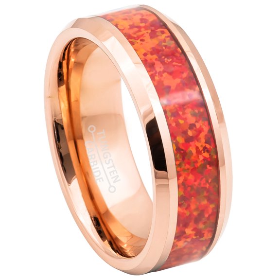 8mm Rose Gold Tungsten Wedding Band - Synthetic Fire Opal Inlay Beveled Edge Comfort Fit Tungsten Ring - TN882WAs12.5