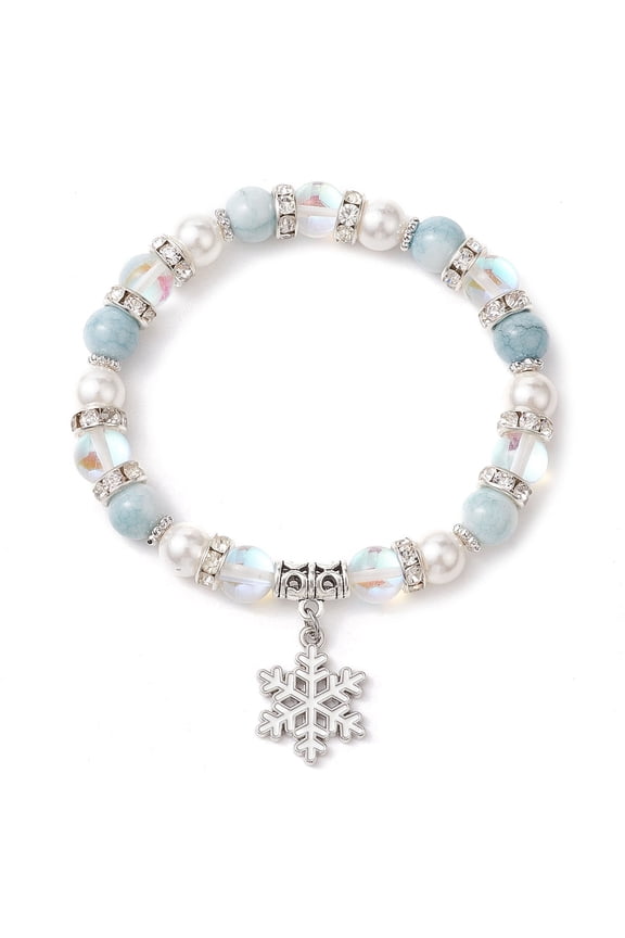 8mm Round Moonstone & Shell Pearl Beaded Stretch Bracelets Christmas Snowflake Brass Charm Bracelets for Women Inner Diameter: 2-1/8 inch(5.5cm)