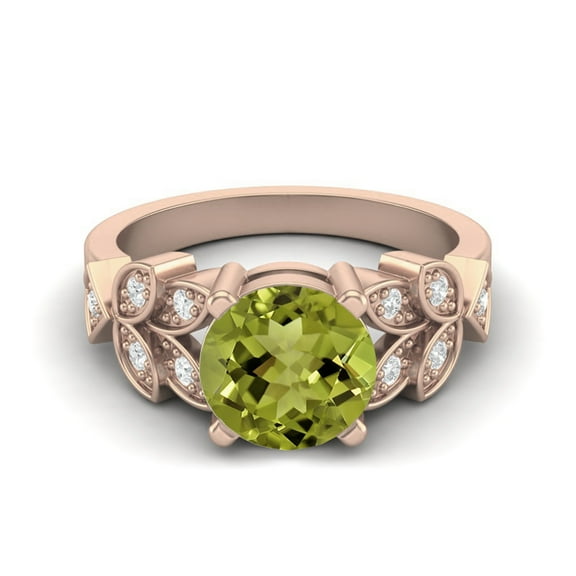 8mm Round Peridot 925 Sterling Silver Rose Vermeil Solitaire Leaf Design Valentines Day Gifts Ring