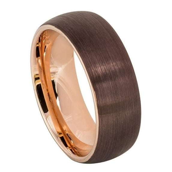 8mm Semi-Domed Brushed Brown IP Plated outside & Rose Gold IP Plated Inside Wedding Band Ring For Men Or Ladies