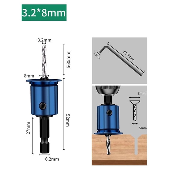 8mm Shank Countersink Drill Bit for Woodworking, Adjustable Stop Collar Steel Router Bit with Hex Wrench, Blue(3.2x8mm)