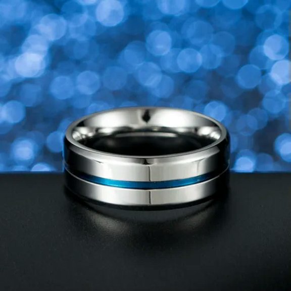8mm Silver&Blue Simple Smooth Band Titanium Steel Engagement Party Ring Sz 6-12