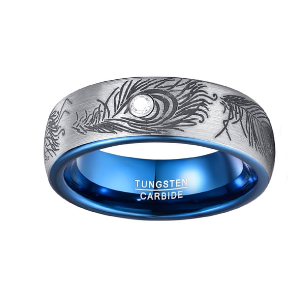 8mm Silver Finish Dome Blue Inner Tungsten Steel Ring Laser Feather Pattern with Zircon