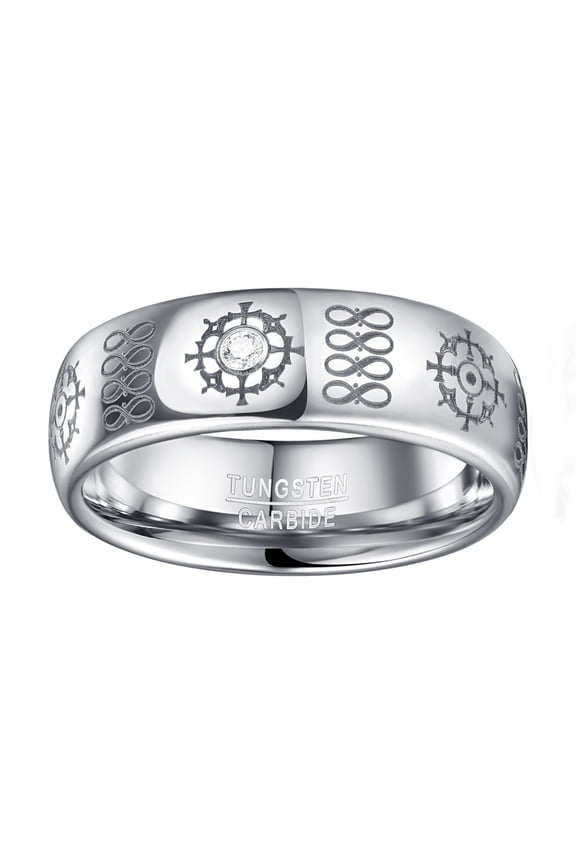 8mm Silver Finish Dome Tungsten Carbide Ring Laser Infinity Symbol Rudder Inlaid Zircon