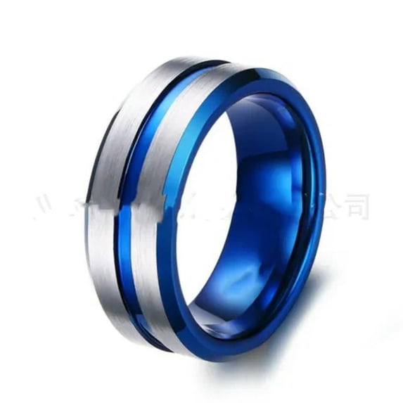8mm Silver Matte 316L Titanium Steel Band Male Blue High Polished Ring Size 6-12