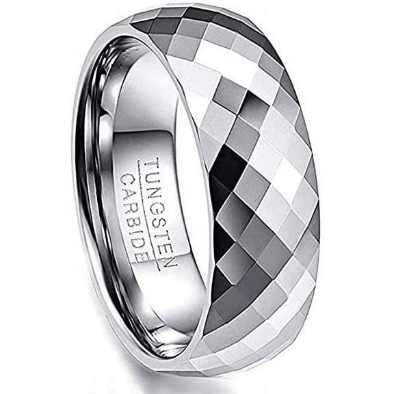 8mm Silver Multi-Faceted Wedding Band for Men Domed Tungsten Carbide Ring Comfort Fit
