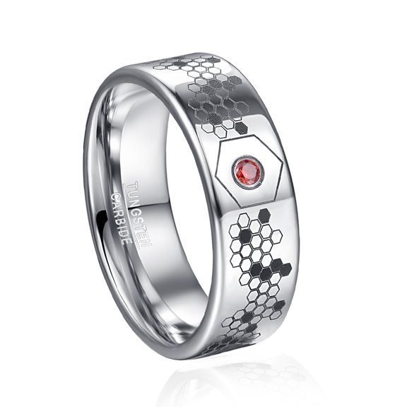 8mm Silver Organic Molecular Pattern Tungsten Steel Ring with Red Zircon