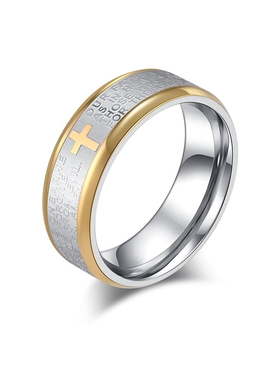 8mm Silver Titanium Steel Lord's Prayer Ring for Men Women, Engraved Cross Bible Verse Christian Religious Wedding Band Faith Jewelry Gift Size 8