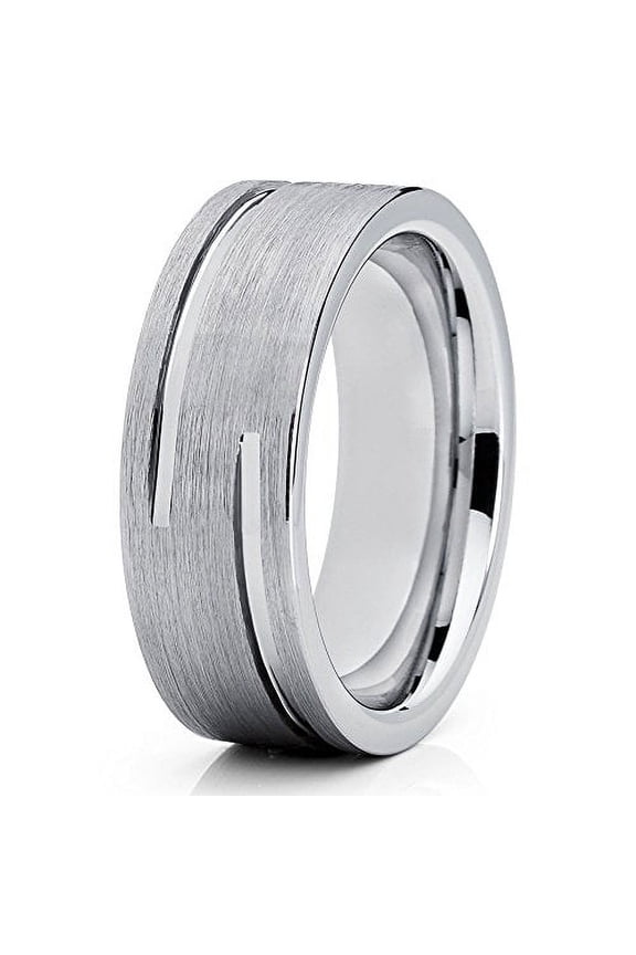 8mm Silver Tungsten Carbide Ring Double Groove Brushed Finish Unique Wedding Band (6)